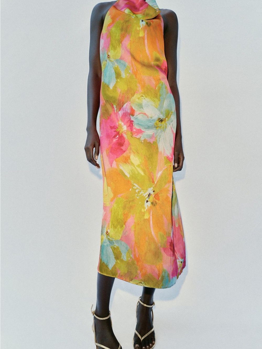 Zara Printed Satin Midi Floral Halter Dress Worn Once